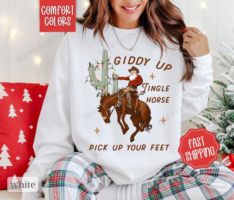 Jingle Horse Christmas Comfort Colors Sweatshirt, Country Christmas Sweater, Cowboy Holiday Crewneck T-Shirts, Hoodie