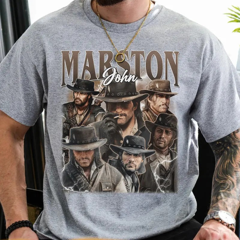 John Marston RDR Vintage T-Shirt, John Marston Red D*ad Redemption Shirt, Gift For Game Lovers Casual Clothing Fabric...