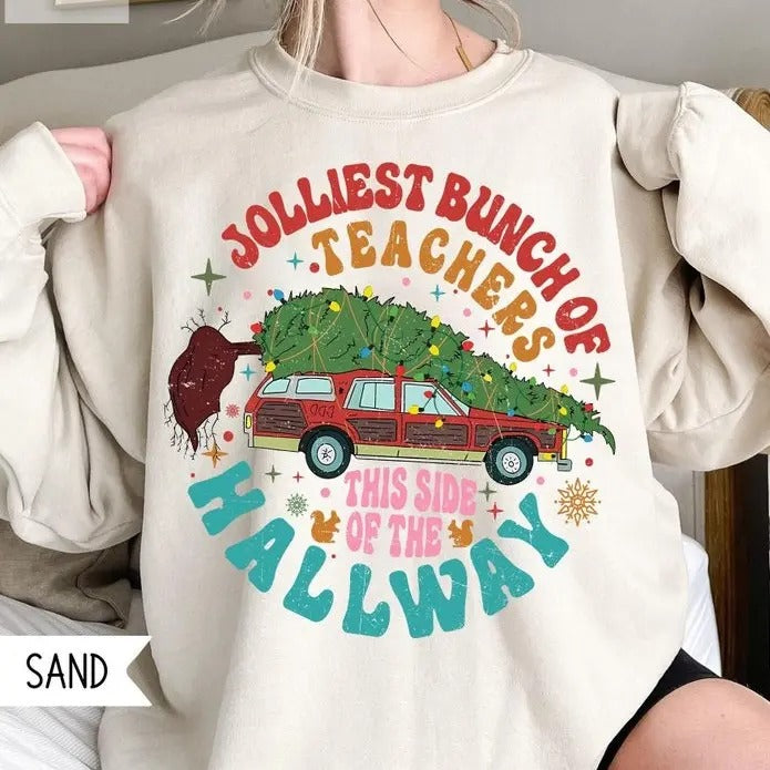 Jolliest Bunch Of Teachers This Side Of The Hallway Sweatshirt, Purple Van Shirt, Teacher Christmas Shirt, Holiday...