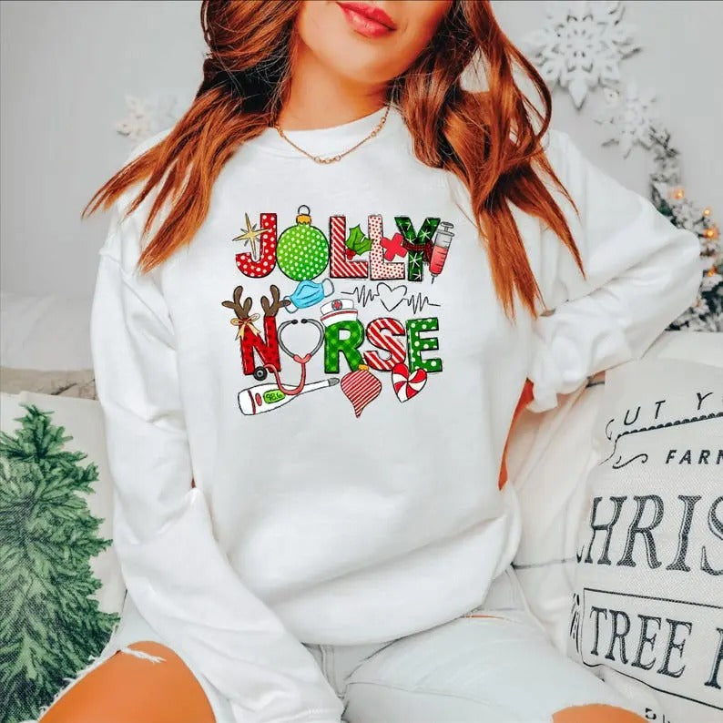 Jolly Nurse Sweatshirt, Christmas Nursing, Gift For Nurse Shirt, Nurse Life Xmas, Merry Christmas Tee, Unisex Shirt, Gift...