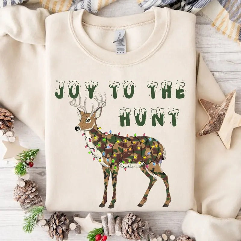 Joy To The Hunt Deer Hunting Wrap in Christmas Lights Unisex Crewneck Sweatshirt, Deer Hunt, Hunting Season, Hunting...