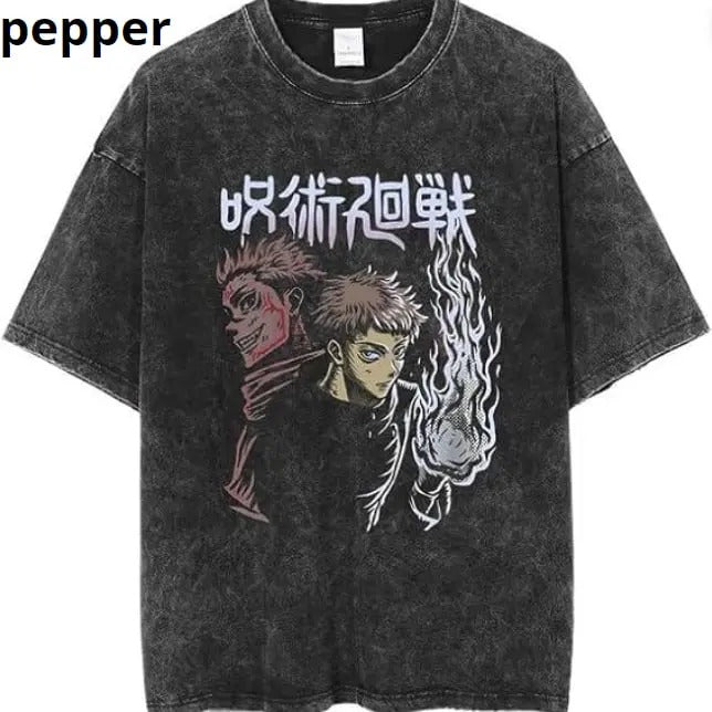 Jujutsu Kaisen T-shirt, Anime Short Sleeve T-Shirt Washed Fabric Vintage Style Round Neck Cool Design Satoru Gojo Yuji...