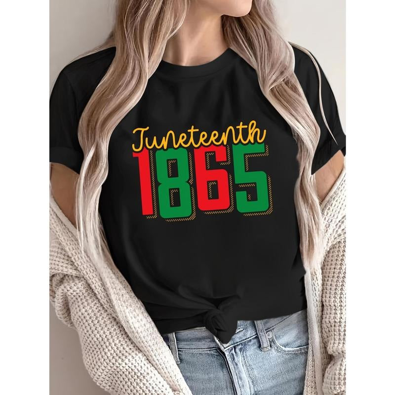 Juneteenth 1865 Print T-shirt, Short Sleeve Crew Neck Casual Top For Summer & Spring, Women's Clothing Hoodie, Sweatshirt