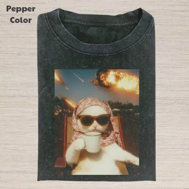 Just A Chill Girl Vintage Graphic Tee, Cat And Meteorite T-Shirt, Unisex Meme Cringe Funny Dumb Shirt, Menswear...