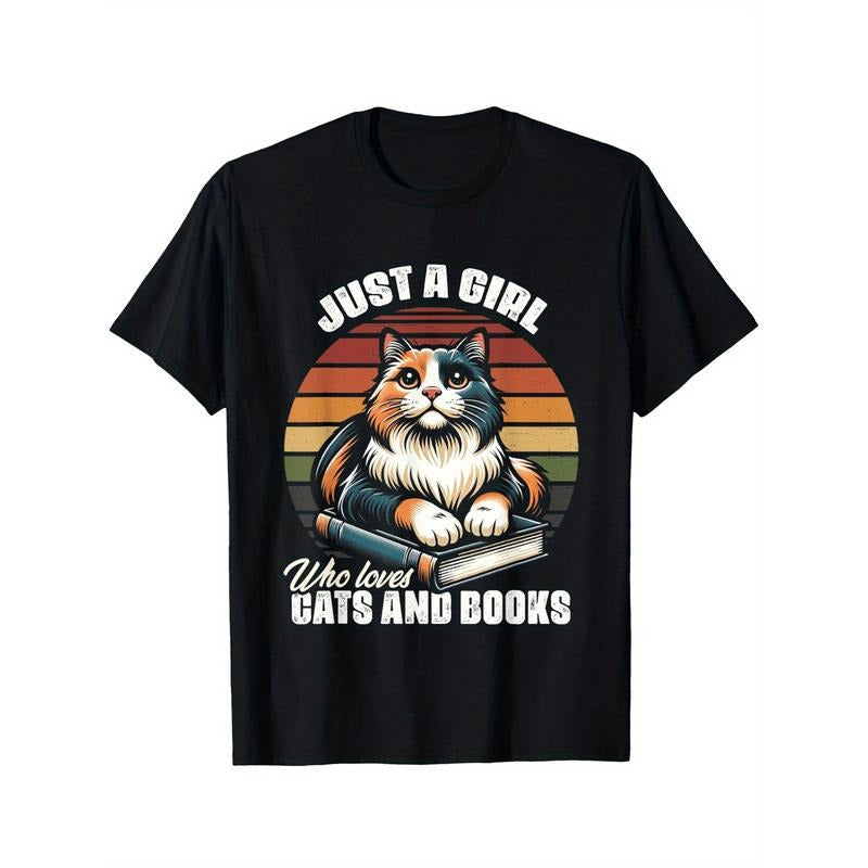Just A Girl Who Loves Books And Cats Animal Kitten Reading T-Shirt Comfortable leisure sports Halloween Christmas gift...