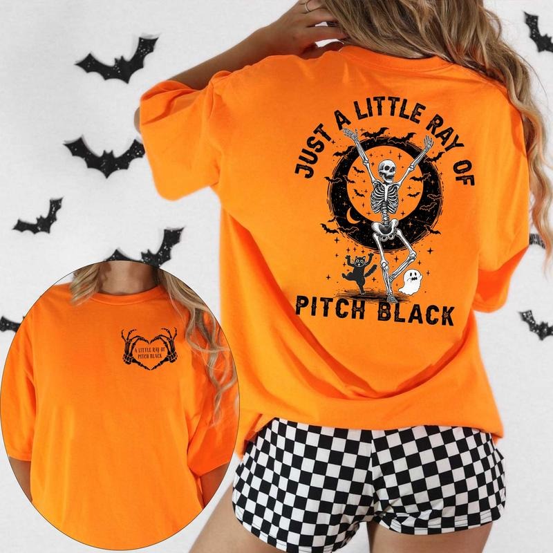 Just A Little Ray of Pitch Black Halloween Shirt, Funny Skeleton Bats Shirt, Halloween Girly Shirt, Black Cat Shirt,...