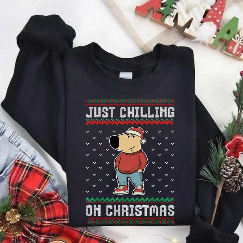 Just Chilling on Christmas Ugly Christmas Sweatshirt, Chill Guy Christmas Shirt, Funny Dog Cartoon Shirt, Chill Guy Tee,...