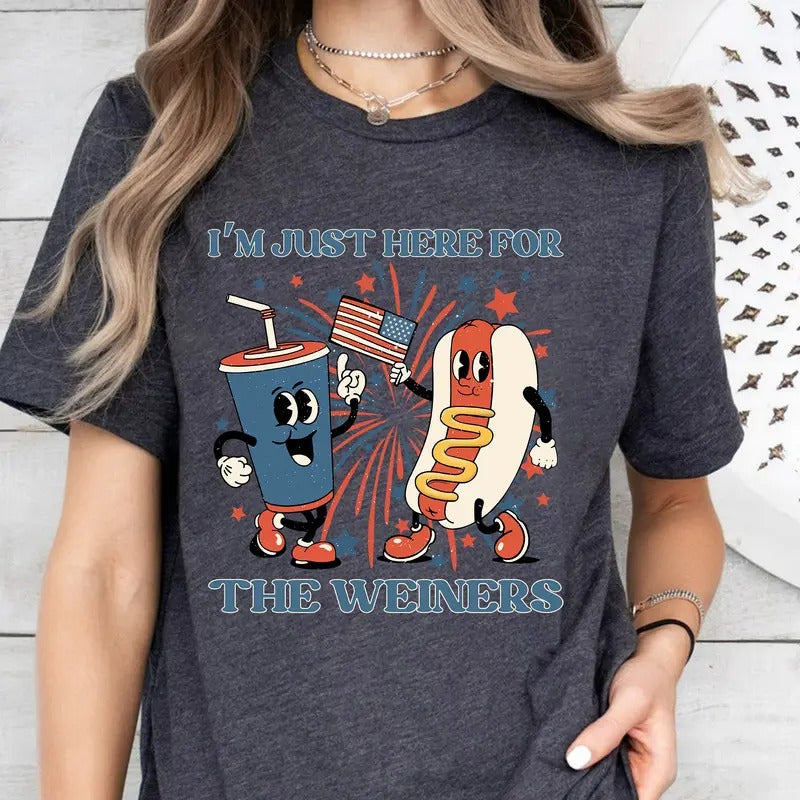 Just Here For The Wieners Shirt, 4th of July Funny Hot Dog, Independence Day Tee, Retro America Patriotic Weenies, Funny...