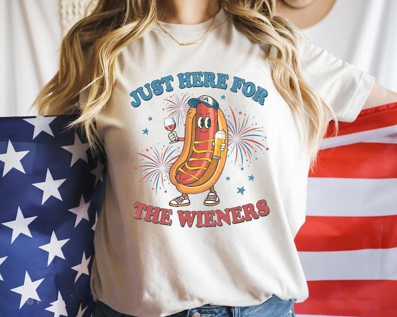 Just Here For The Wieners Shirt, Funny 4th of July, Hot Dog USA Shirt, Retro America Patriotic Shirt Hoodie, Sweatshirt