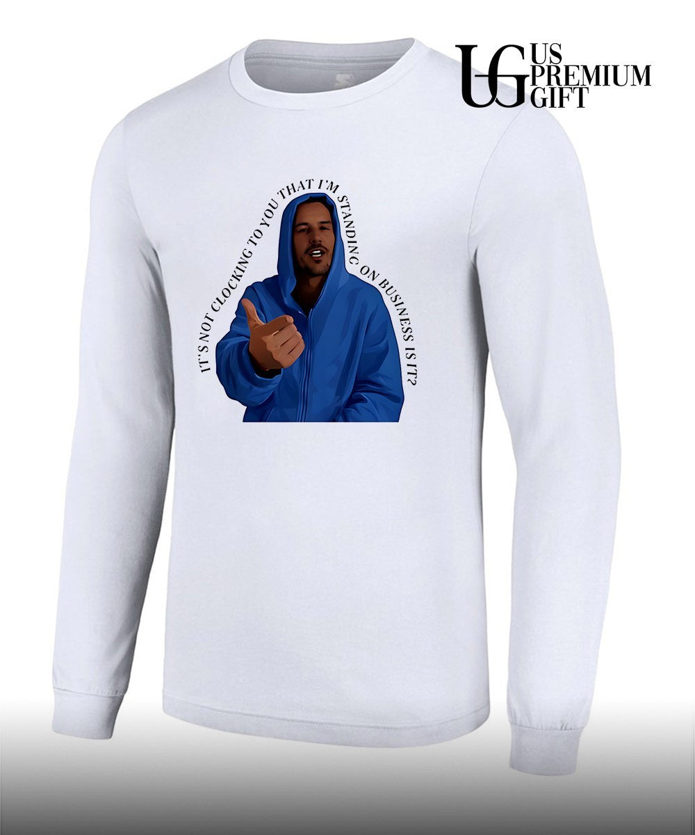 Justin Bieber wearing blue hoodie it’s not clocking to you that i’m standing on business is it meme shirt