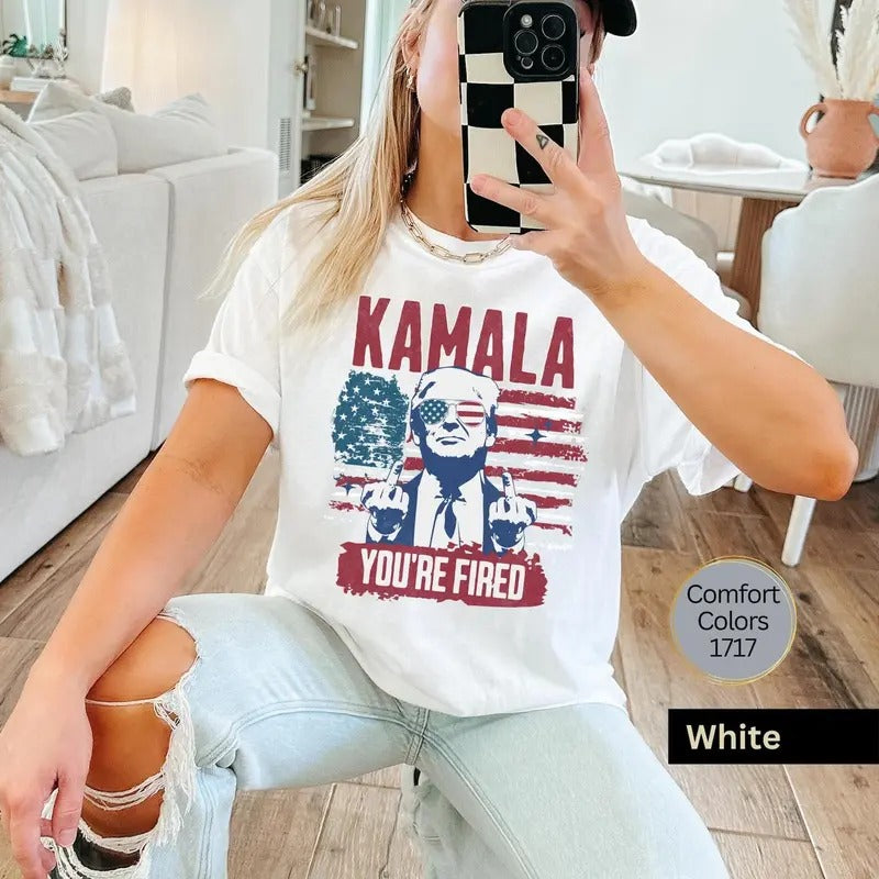 Kamala You're Fired Shirt, President Trump Middle Finger, 2024 American Flag Unisex T-Shirt, Republican Gifts, Gift for...