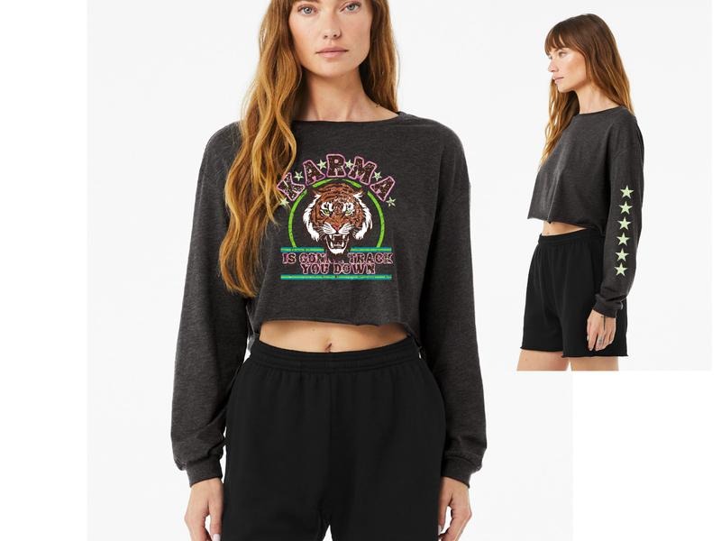 Karma Is Going To Track You Down Long Sleeve Cropped Shirt Hoodie, Sweatshirt | HypeDripTees.com