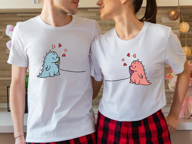 Kawaii Dinosaur Shirt For Couple, Cute Valentine Matching T-shirt, Valentine's Day Gift Tee, Cute Dinosaur Tee For...