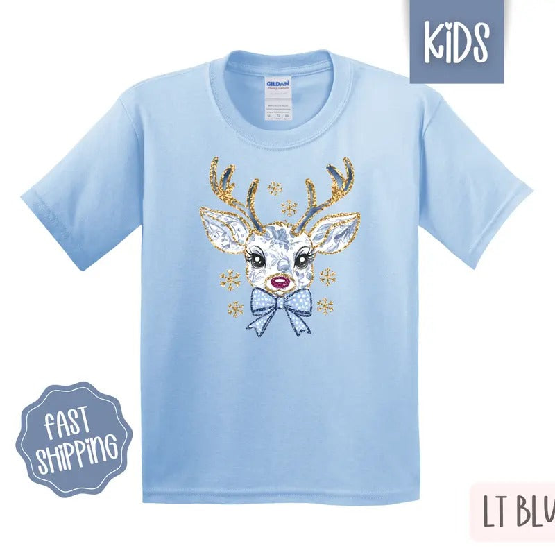 Kids Christmas Shirt - Blue Floral Reindeer Children's Tshirt