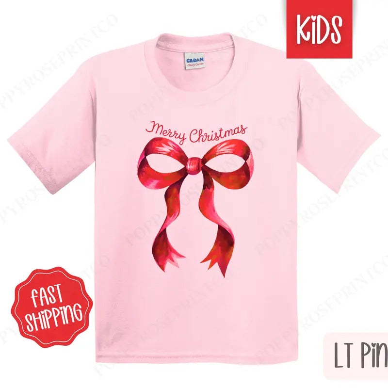 Kids Christmas Shirt - Coquette Bow Merry Christmas Tshirt - Youth Holiday Tee Gildan Hoodie, Sweatshirt | HypeDripTees.com