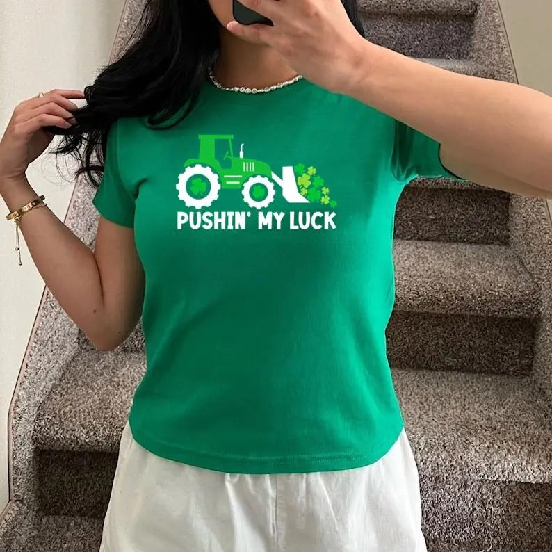 Kids St Patrick's Day,Funny St Paddys Shirt,Tractor Shirt, Pushing My luck Shirt, Shamrock Baby Tee For Women for Kids,...