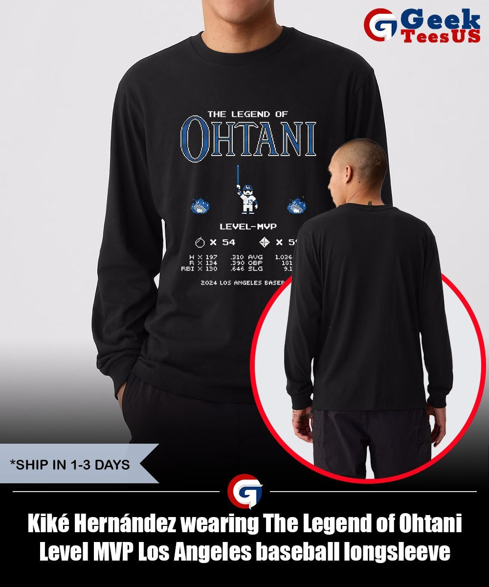 Kiké Hernández wearing The Legend of Ohtani Level MVP Los Angeles baseball shirt