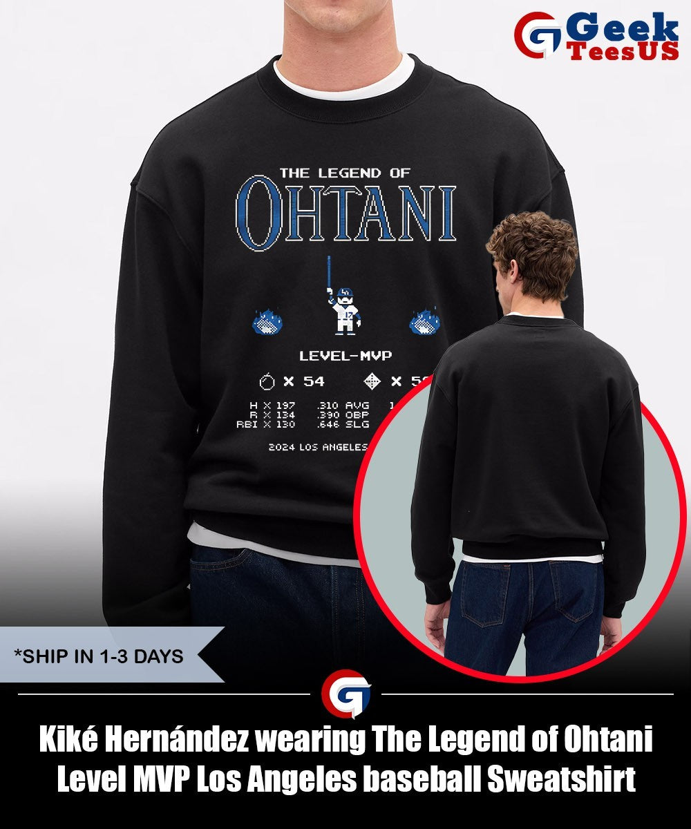 Kiké Hernández wearing The Legend of Ohtani Level MVP Los Angeles baseball shirt