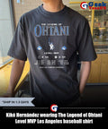 Kiké Hernández wearing The Legend of Ohtani Level MVP Los Angeles baseball shirt