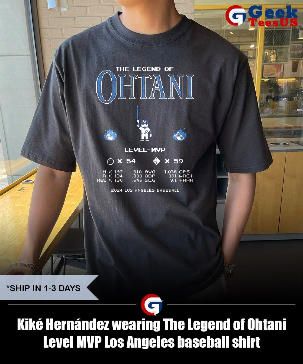Kiké Hernández wearing The Legend of Ohtani Level MVP Los Angeles baseball shirt