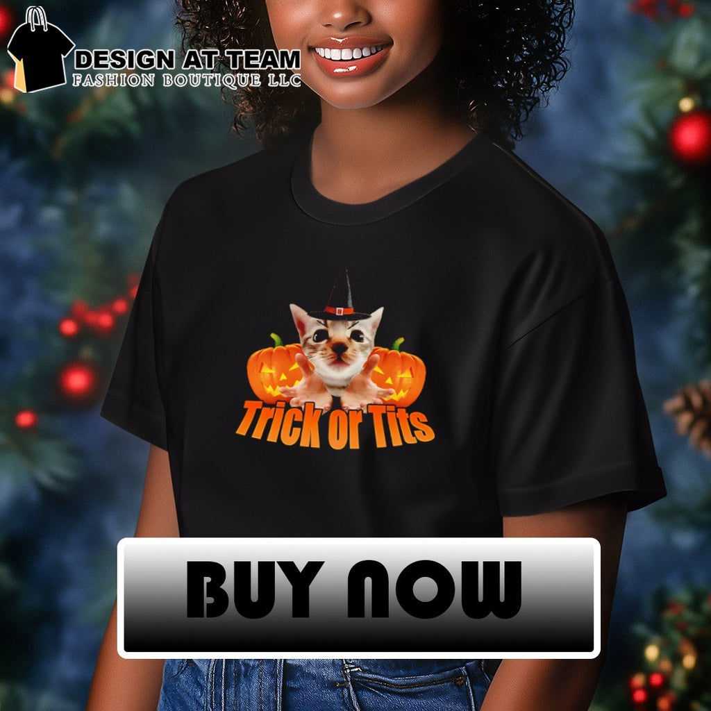 Kitten pumpkin Trick or Tits Halloween shirt
