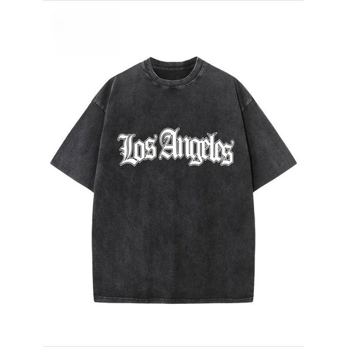 "LOS ANGELES" Creative Pattern Printing Heavy 230g Pure Cotton Oversized Drop Shoulder T-shirt Washed T-shirt Retro...