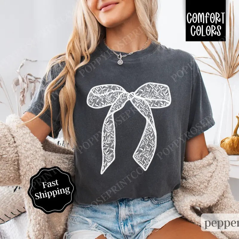 Lace Bow Shirt Comfort Colors, Coquette Ribbon Tee, Trendy Women's Tshirt Hoodie, Sweatshirt | HypeDripTees.com