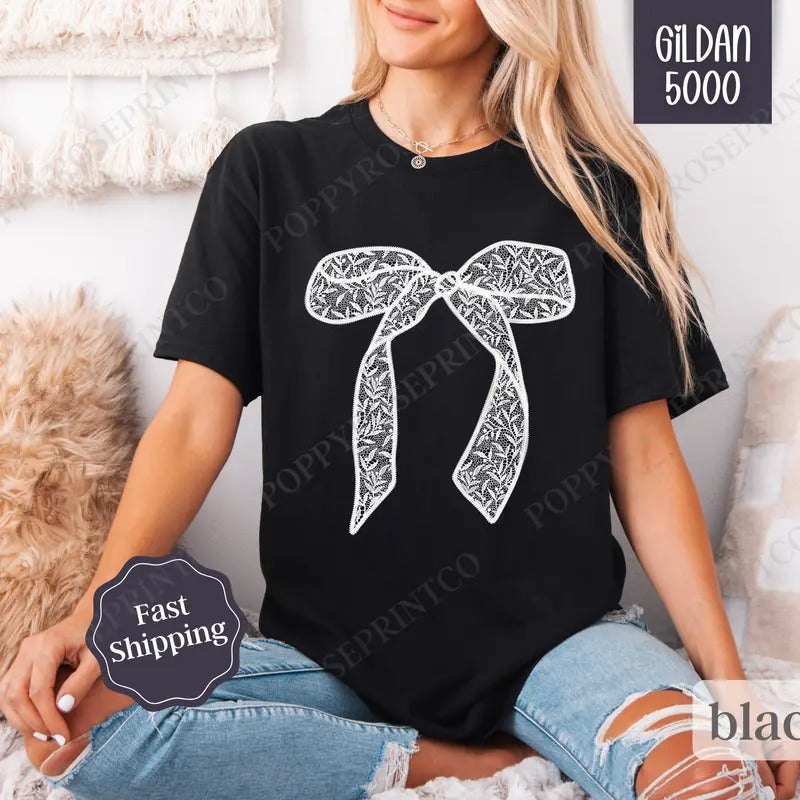 Lace Bow Shirt Gildan, Coquette Tee, Trendy Women's Tshirt Plus Sizes Hoodie, Sweatshirt | HypeDripTees.com