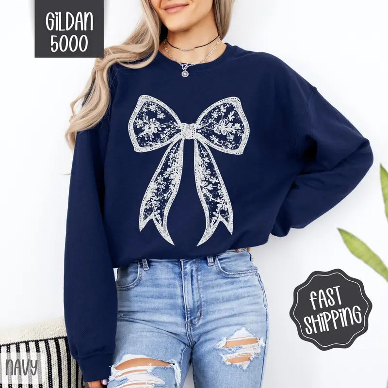 Lace Bow Sweatshirt, Coquette Lace Bow Crewneck, Cute Women's Sweater T-Shirts, Hoodie | HypeDripTees.com