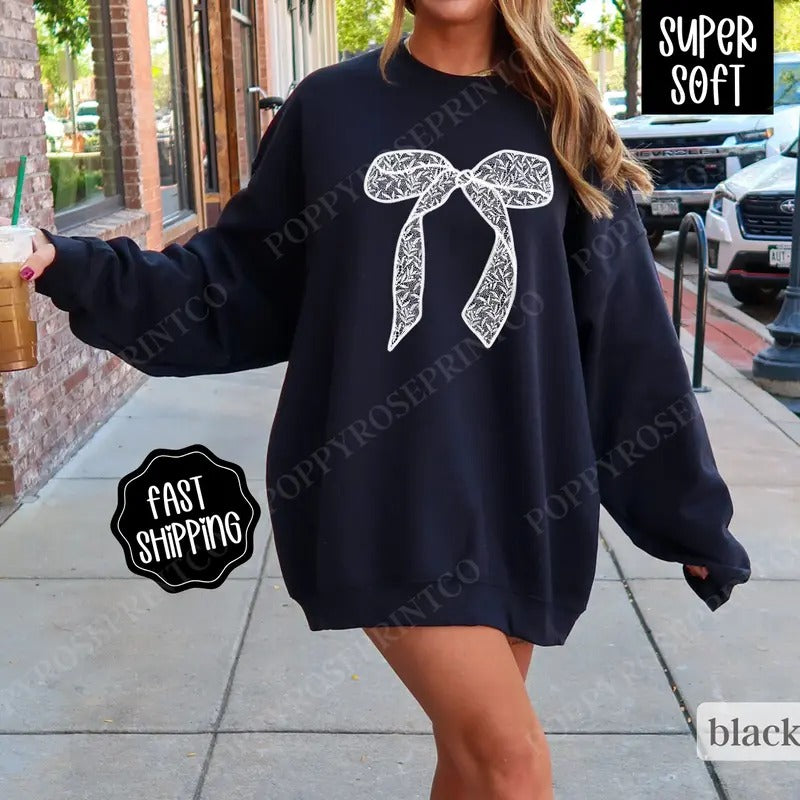 Lace Bow Sweatshirt, Coquette Ribbon Crewneck,  Trendy Women's Sweater T-Shirts, Hoodie | HypeDripTees.com