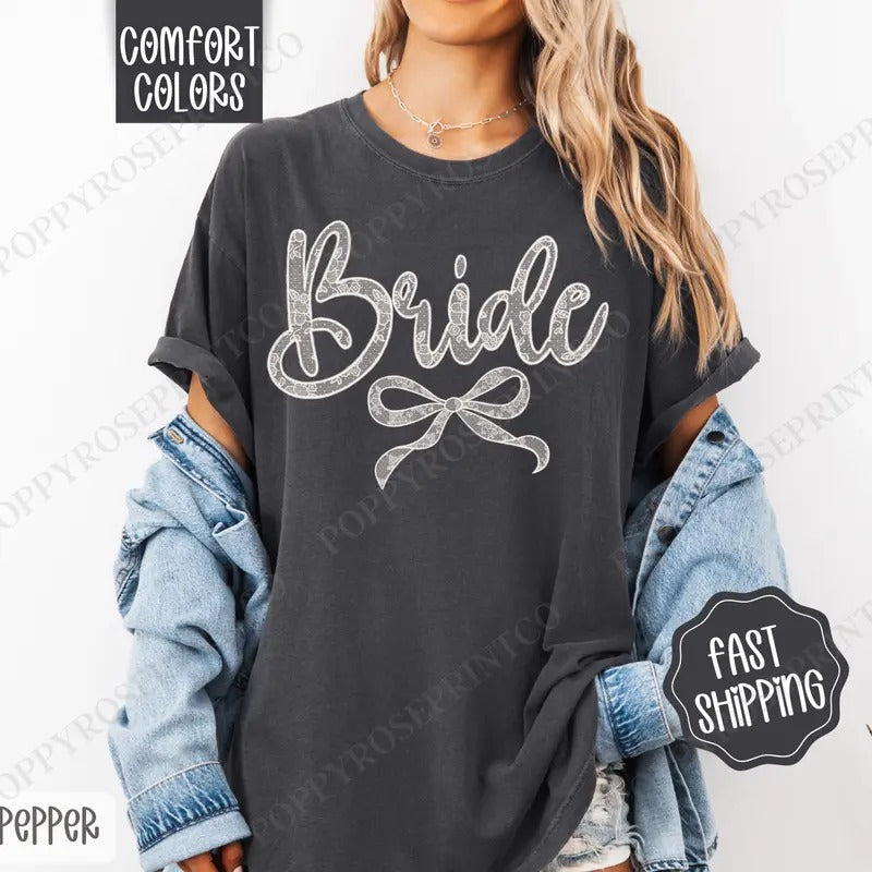Lace Bride Shirt Comfort Colors Bridal Coquette Lace Bow Cute T-Shirts, Hoodie, Sweatshirt
