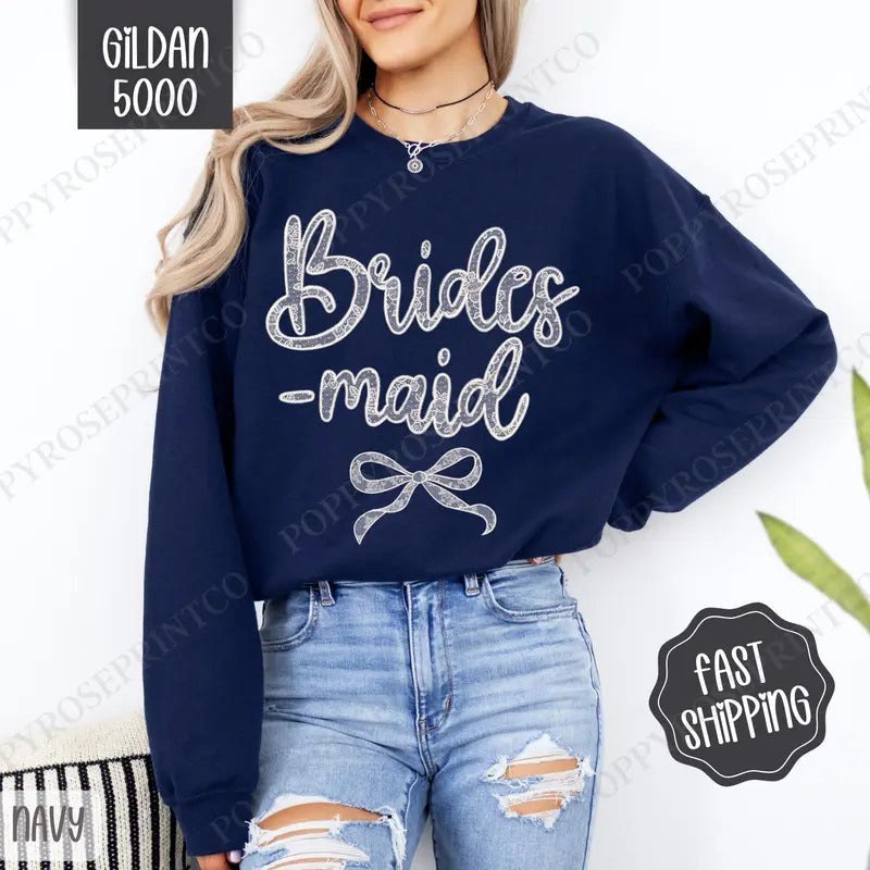 Lace Bridesmaid Sweatshirt, Bridal Coquette Lace Bow Crewneck, Cute Women's Sweater T-Shirts, Hoodie | HypeDripTees.com