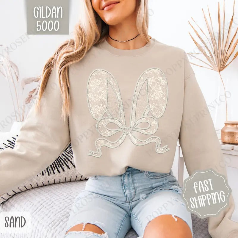 Lace Bunny Ears Sweatshirt, Easter Crewneck, Trendy Bunny Women's Sweater, Gift for Her T-Shirts, Hoodie | HypeDripTees.com