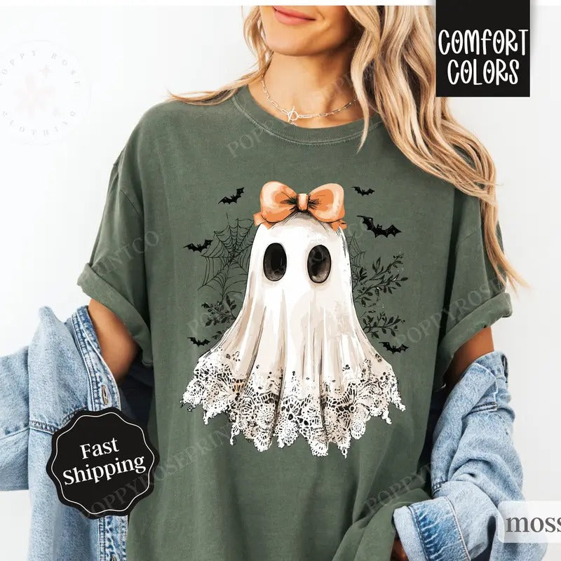 Lace Ghost Shirt Comfort Colors Halloween Tshirt,  Women's Holiday Tee, October Vibes Shirt, Spooky Season Tee Hoodie,...
