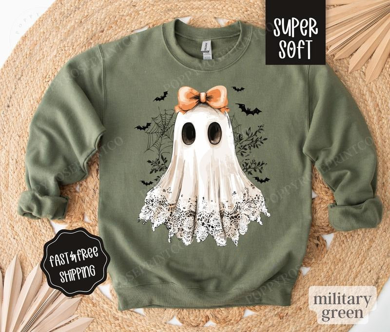Lace Ghost Sweatshirt, Fall Crewneck, Womens Sweatshirt, Halloween Sweater T-Shirts, Hoodie | HypeDripTees.com