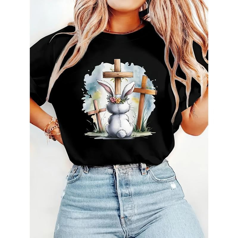 Ladies' Easter Bunny And Floral Cross Print T-Shirt, Casual Round Neck, Short Sleeved, Machine Washable Hoodie, Sweatshirt