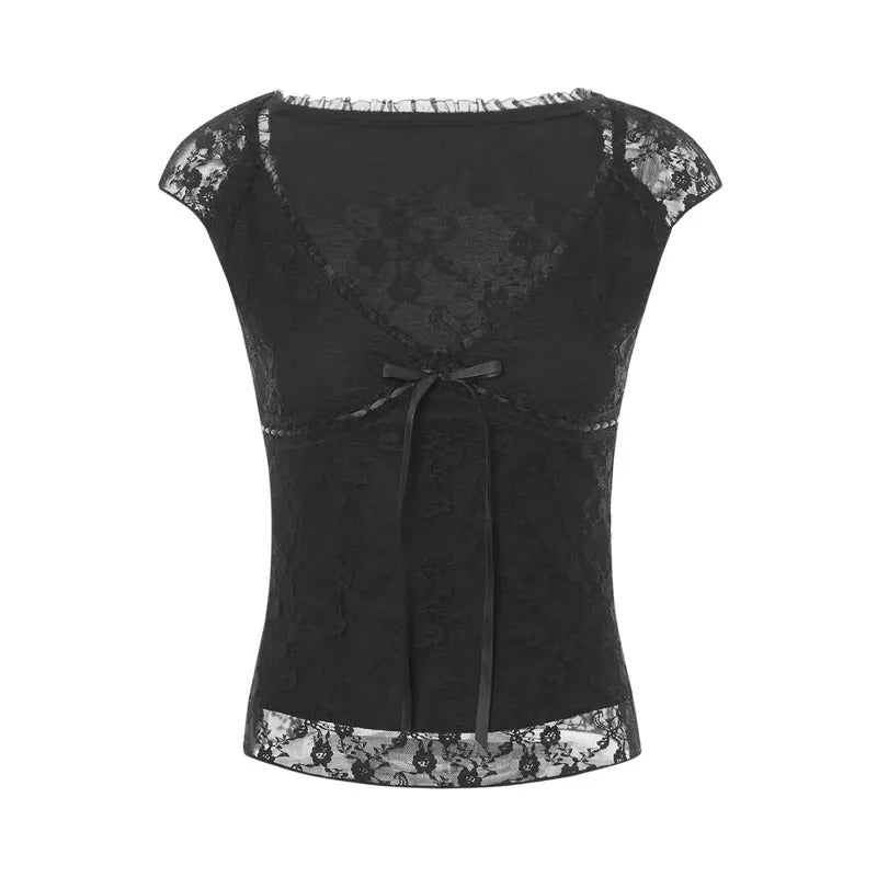 Ladies Midriff-baring Tops, Summer Autumn Women Leisure Style Lace Mesh Splicing V-neck Tie Up Sleeveless Slim T-shirt...