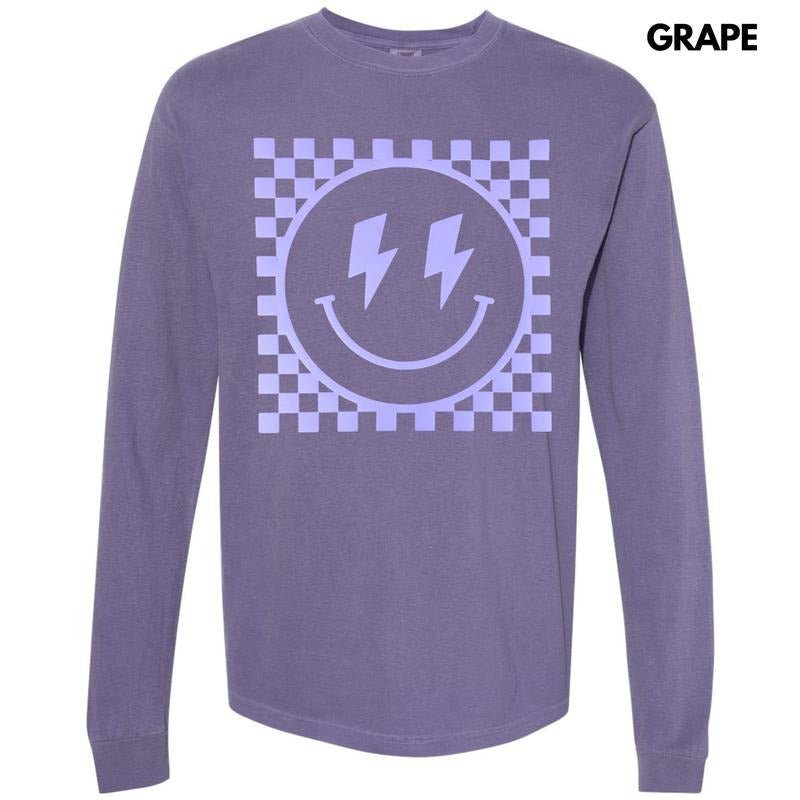 Lavender Checkered Happy Face Puff Long Sleeve Comfort Colors T-Shirt Hoodie, Sweatshirt | HypeDripTees.com