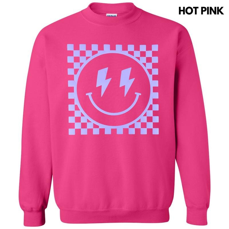 Lavender Checkered Happy Face Puff Sweatshirt T-Shirts, Hoodie | HypeDripTees.com