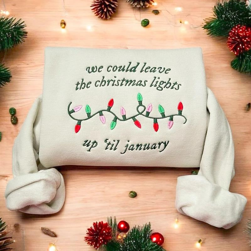 Leave the Lights Christmas Embroidered Sweatshirt, Christmas Light Shirt, Retro Holiday Sweater, Christmas Lights Eras...