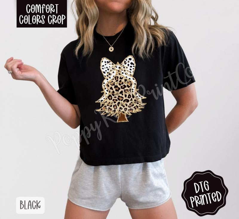 Leopard Christmas Tree Cropped Comfort Colors Tee, Trendy Holiday Tshirt for Women Hoodie, Sweatshirt | HypeDripTees.com