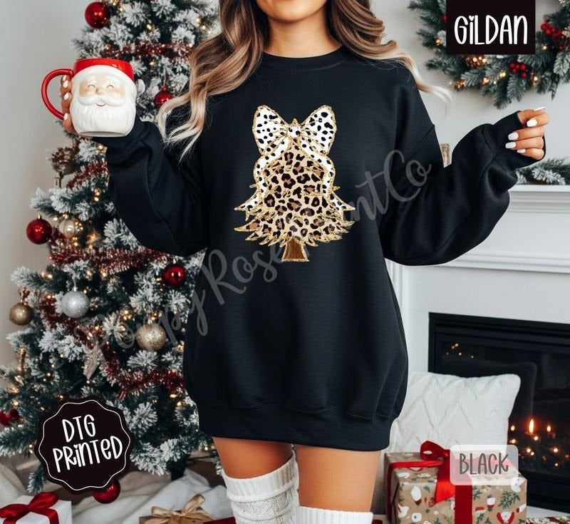 Leopard Christmas Tree Sweatshirt, Trendy Women's Holiday Sweater T-Shirts, Hoodie | HypeDripTees.com