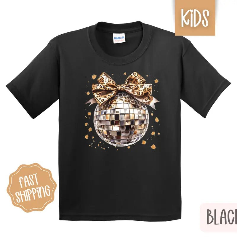 Leopard Disco Bow Kids Shirt - New Year's 2025 Children's Tshirt - Youth NYE Tee Gildan Hoodie, Sweatshirt | HypeDripTees.com