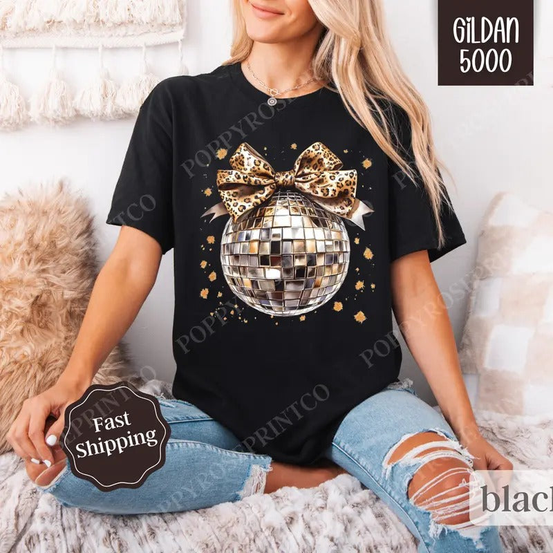 Leopard Disco Bow Shirt Gildan, New Year's 2025 Women's Tee,  NYE Women's Tshirt Plus Sizes Hoodie, Sweatshirt
