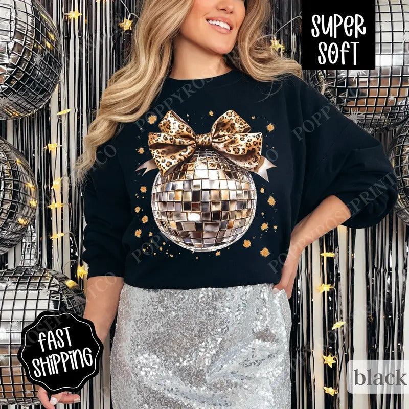 Leopard Disco Bow Sweatshirt, New Year's 2025 Crewneck, NYE Women's Sweater T-Shirts, Hoodie | HypeDripTees.com