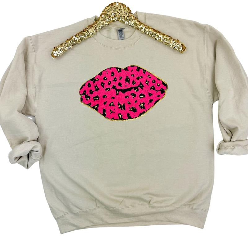 Leopard Lips Chenille Patch Sweatshirt -- SAND T-Shirts, Hoodie | HypeDripTees.com