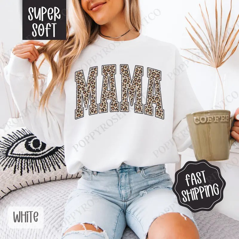 Leopard Mama Sweatshirt, Trendy Mom Crewneck, Cute Women's Sweater T-Shirts, Hoodie | HypeDripTees.com