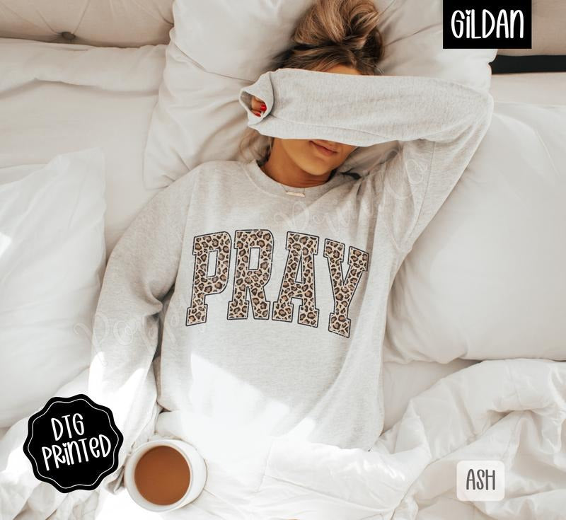Leopard Pray Sweatshirt, Trendy Women's Religious Crewneck T-Shirts, Hoodie | HypeDripTees.com