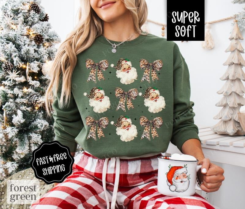 Leopard Santa Christmas Sweatshirt, Christmas Boots Sweater, Women's Holiday Crewneck T-Shirts, Hoodie | HypeDripTees.com
