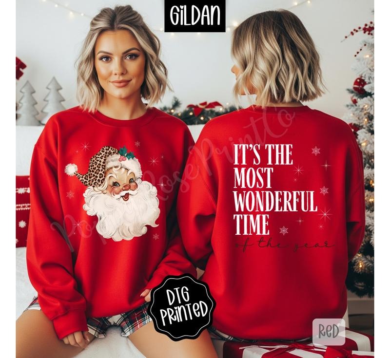 Leopard Santa Front & Back Sweatshirt, Trendy Women's Christmas Crewneck T-Shirts, Hoodie | HypeDripTees.com